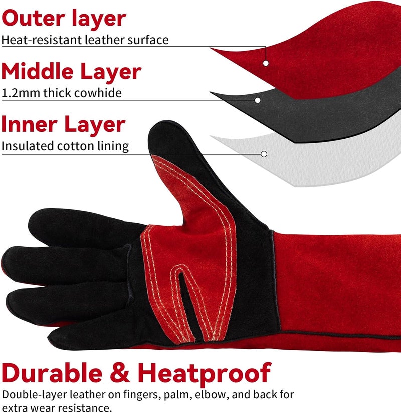 vclpower Fireplace Welding Gloves Fire Heat Resistant16IN 932°F Fireproof Leather for Fire Pit Wood Stove Campfire Furnace BBQ Baking,Grill Oven Stick Mig Tig Gear Birthday Christmas Gift for Man L - Image 5